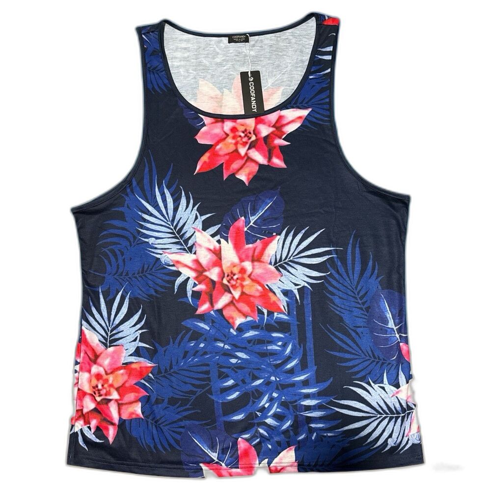 Coofandy Tank Top Men's Large Blue Floral Sleeveless Tees Casual Sport Gym NEW